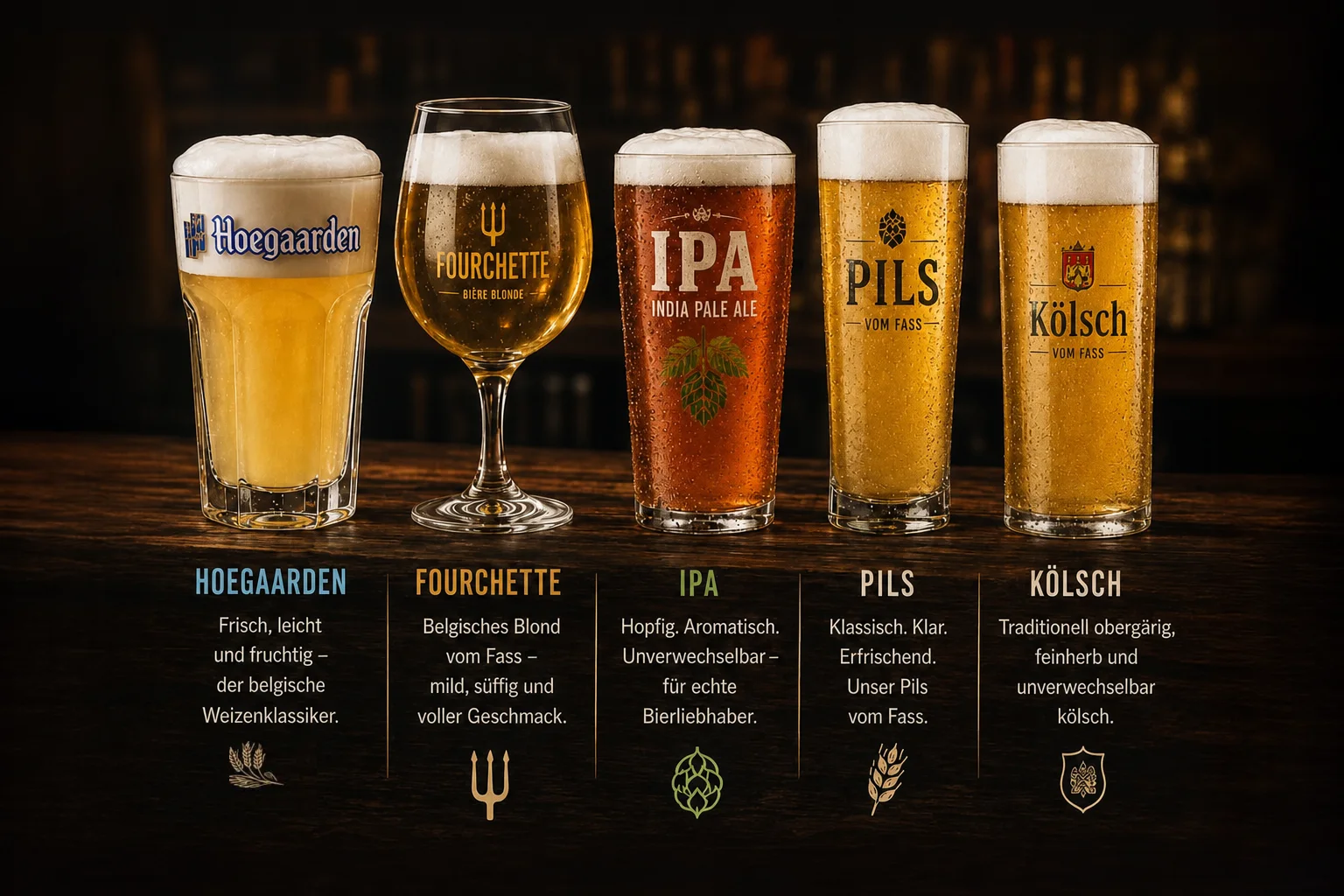 Fünf Biere vom Fass: Hoegaarden, Fourchette, IPA, Pils und Kölsch